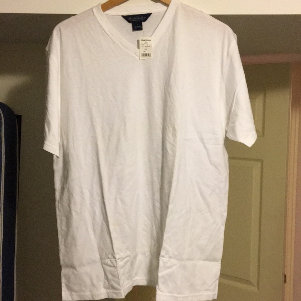 White v neck t shirt.  Brooks brothers